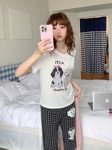 两件套青少年女孩灰色格子短裤和卡通狗印花短袖休闲舒适睡衣，夏季 - 灰色 - 查看 13