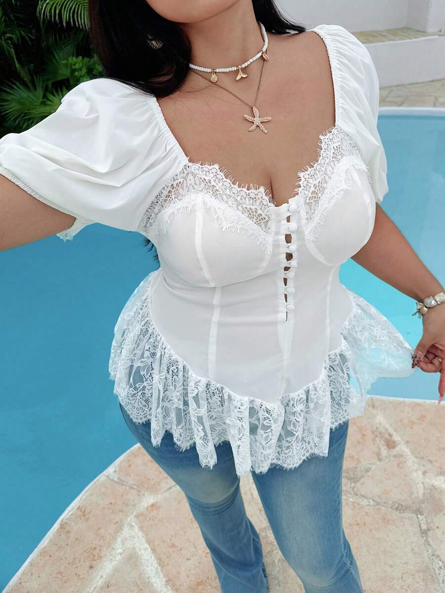 Flirla Plus Size Ruffled Lace Trim Sexy Elegant Blouse - White - View 1