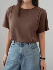 Dazy-Less Áo thun nữ công sở tay ngắn cổ tròn rộng rãi mùa hè - màu nâu - Xem 2