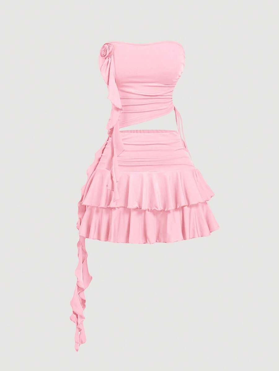 SHEIN MOD Set de 2 piezas Atuendo de mujer con flor 3D rosa y lindas, outfit para el Día de San Valentín, ropa para una cita