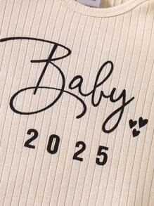 SHEIN 2-Pcs Newborn Baby Boys/Girls Casual Knit Comfortable Letter Printed Solid Color Short Sleeve Jumpsuit & Hat Set, Spring/Summer, 2025 New Year Version, Valentine's Day