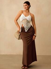 SHEIN VCAY 加大码女款棕色修身针织裙，闪亮波西米亚度假裙，适合夏季和秋季，度假海滩度假夏季城市休闲，波西米亚风格，欧洲夏季岛屿度假蜜月旅行机场外出，乡村音乐会老钱 - 摩卡棕 - 查看 5