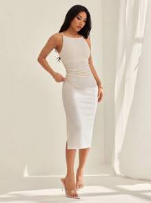 SHEIN PETITE Damen Frühlings-/Sommerkleid, elegant, für den täglichen Gebrauch, Arbeit, Date, Pendeln, Urlaub, Abschlussfeier, Musikfestival, Ostern, weißes Kleid mit Taillengürtel, Abschlusskleid, Lehrerkleid - Aprikosenfarben - Übersicht 5