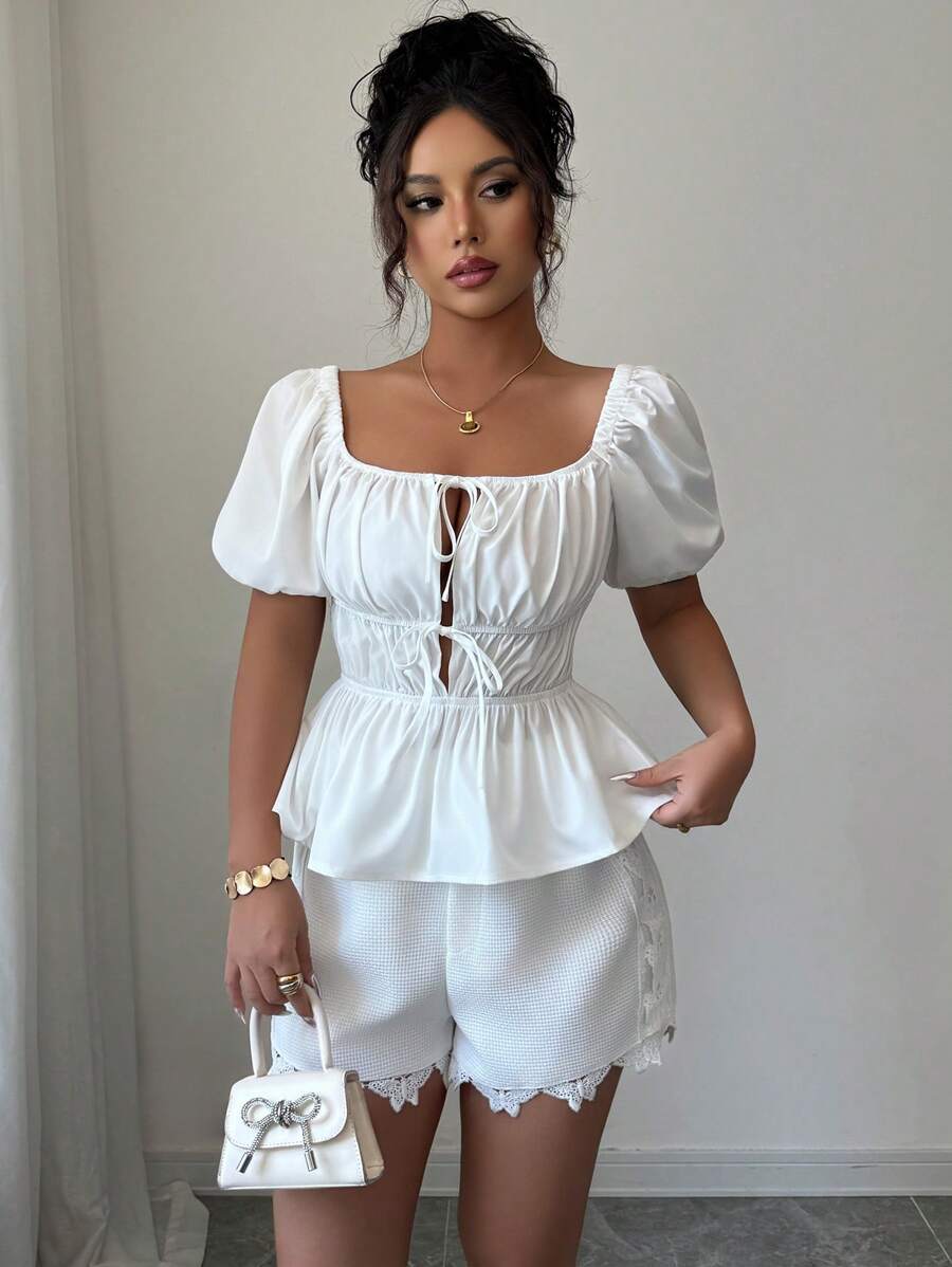 SHEIN Clasi Women's Elegant Open Front Tie-Waist Bowknot Blouse - White - View 1