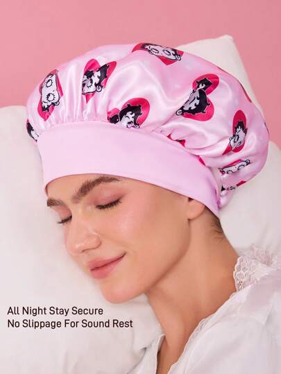 Betty Boop x SHEIN Upgraded Pink Double-Layer Hair Care Cap, Soft & Comfortable Wide Elastic Satin Nightcap, Heart Polka Dot Pattern Suitable For Everyday Home & Sleep Wearing