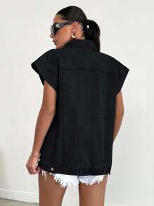 RueChic 100%Cotton Elastic Band Detailed, Rigid Vest - Dark Grey - View 2