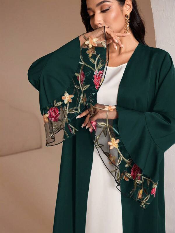 Al Najma Women's Patchwork Floral Embroidered Mesh Lantern Sleeve Arabian Abaya