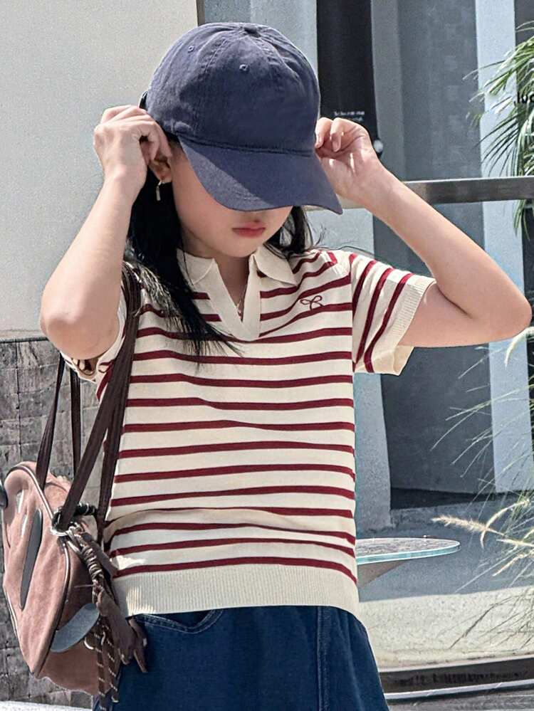 Tween Girl Casual Loose Striped Short Sleeve Pullover Sweater, Summer, Back To School