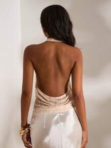 Opulessa 女士花卉提花宽松领口时尚性感露背上衣，度假休闲夏季波西米亚海滩风 - 杏色 - 查看 2