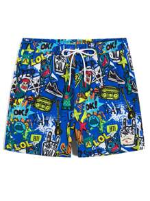 Surfspeed Short de playa con bolsillos y cordón en la cintura, con estampado de letras, adecuado para vacaciones - Azul - Ver 4