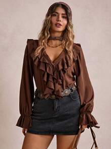 Freevana Bluzka z falbaniastym wykończeniem w dużym rozmiarze, prosta, modna, na co dzień