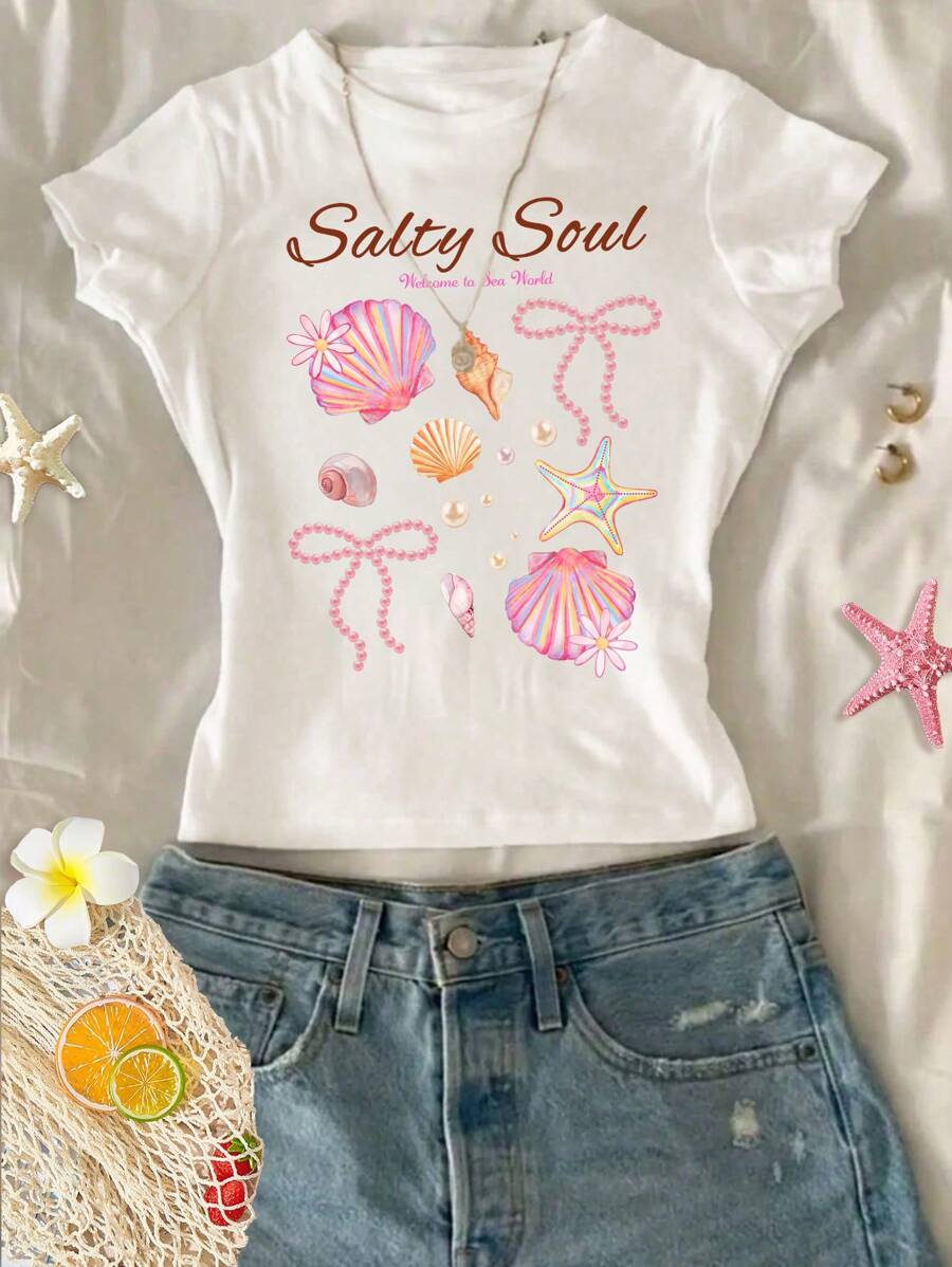 SHEIN Salty Soul 海星贝壳珍珠蝴蝶结设计，青少年女孩修身休闲简约舒适圆领短袖 T 恤，适合夏季假期、清凉假期 - 彩色 - 查看 1