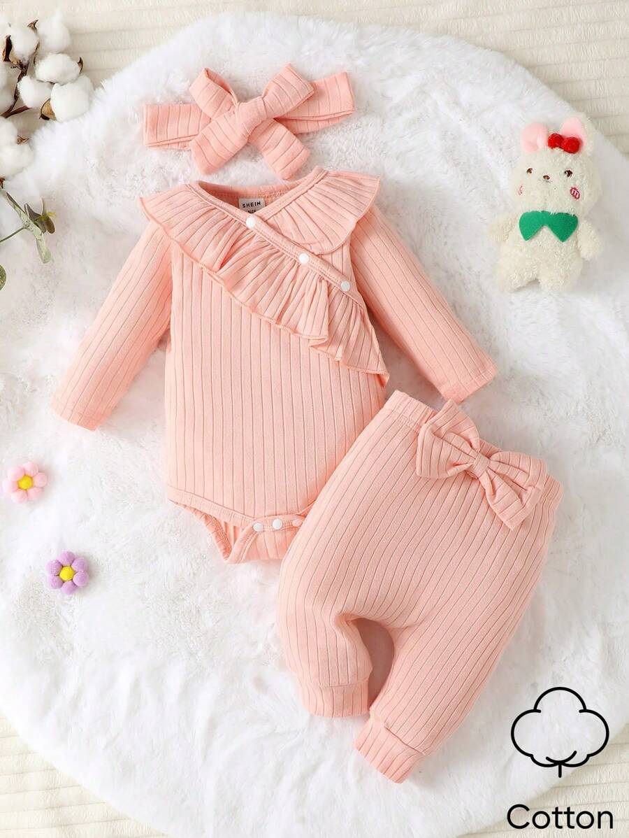 SHEIN Baby Girl Ruffle Trim Bodysuit & Bow Front Pants & Headband
