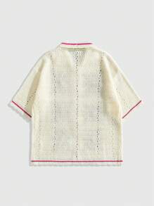 ROMWE MEN Street Life Vacation Men's Embroidered Pattern Loose Knitted Shirt, Knitted Short Sleeve Top - Red - View 3
