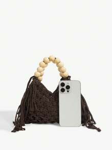 SHEIN SXY Women's Fashion Summer Vacation Woven Crochet Wooden Bead Handheld Tote Bag , Crochet - Coffee Brown - View 4