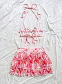 Soleia 女士度假粉色大理石纹理印花深 V 领露背系带迷你连衣裙，带荷叶边下摆，适合派对、婚礼、性感约会、下午茶、城市旅行、海滩、夏季音乐节、波西米亚风假期 - 淺粉色 - 查看 2