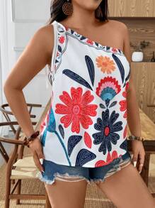 Weeklong Plus Size Women Floral Print Sleeveless Blouse For Outdoor & Holiday - White - View 3