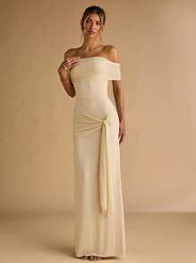 SHEIN BAE Váy dệt kim trễ vai nhún eo màu mơ cho nữ, Váy nghỉ mát mùa hè, Váy thanh lịch - Màu be - Xem 4