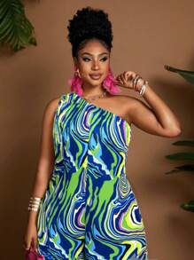 Maweii 大码女式大理石印花露肩阔腿连体裤，休闲度假装 - 彩色 - 查看 3