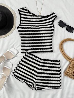 SHEIN 2pcs/Set Teen Girls Striped Asymmetric Shoulder Knitted Tank Top And Ultra Low Waist Skinny Shorts, Suitable For Holiday, Party, Christmas, Valentine's Day, Date, Beach, Cruise, Carnival, Easter