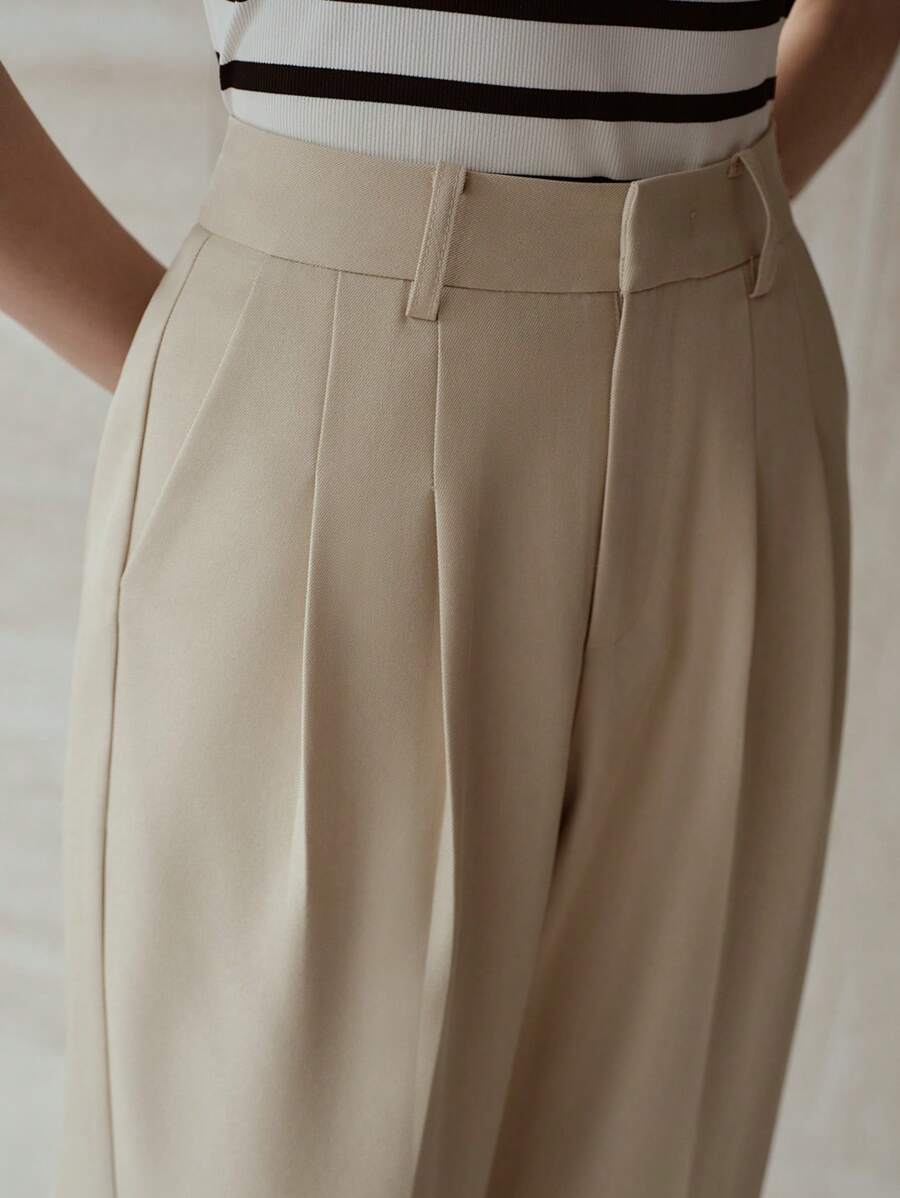 MOTF PREMIUM 褶皱翻边裤脚裤子 - 卡其色 - 查看 2