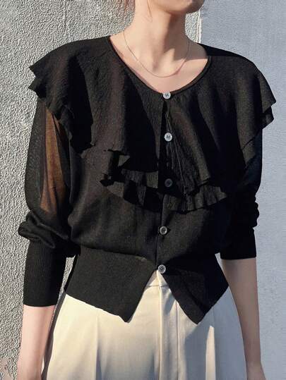 FRIFUL Women's Casual Solid Color Black Sheer Ruffle Collar Cardigan, Versatile,Fall Women, For Woman