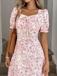 Easowa Ruffle Trim Square Collar Lantern Sleeve Gathered Back Waist A-Line Spring/Summer Short Sleeve Dress, Vintage Romantic Ditsy Floral Fabric, Casual Resort Elegant Maxi Dress For Women Floral Midi Dress Red Floral Dress Summer Dress Casual Dress Cottagecore Dress