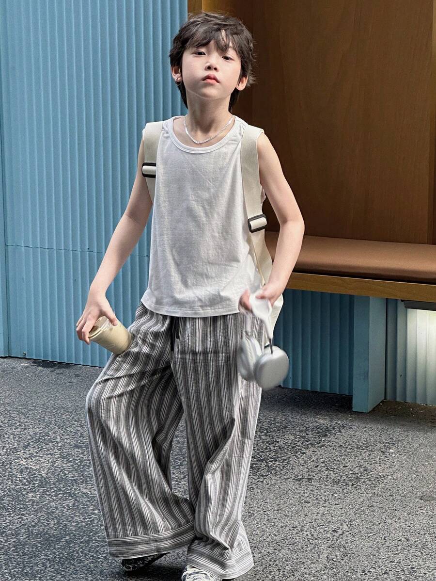 DAZY Tween Boy Solid Color Top + Striped Woven Pants 2 Pieces Outfit, Summer - White - View 1