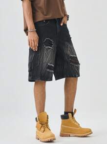 Manfinity Hypemode 男式宽松口袋破洞百慕大牛仔短裤 - 黑色 - 查看 4