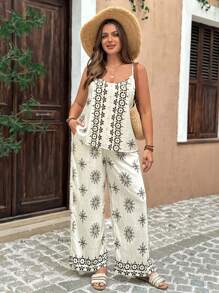 Breezaya Plus Size Women's Black And White Summer Boho Elegant Vacation Holiday French Style Retro Print Wrap Front Cami Top & Elasticized Waist Pants Set - Apricot - View 5