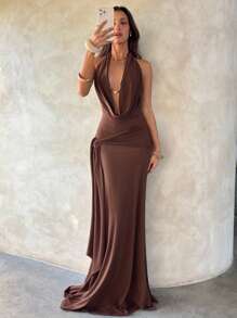 Aloruh Y2K Streetwear Back To School Country Music Festival Concert Beaded Decoration Boho Chic Brown Sexy Holiday Low Neck Knit Dress Chocolate Solid Color Maxi Dress Party Dinner Date Dress Elegant Turtleneck Coffee Color Dress For Women - Coffee - View 7