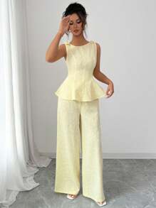 Selianne 女士夏季两件套，奶油黄色碎花纹理面料无袖上衣，蝴蝶结装饰和直筒裤，优雅别致 - 黃色 - 查看 6