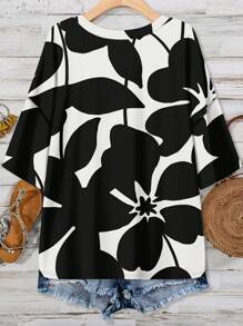EMERY ROSE Plus Size Women V-Neck Loose Floral Print Short Sleeve Pocket T-Shirt, Casual Beach Vacation Wear Suitable For Going Out,Flower/Spring/Summer - Multicolor - View 2