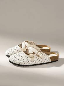 Solecia 女式春秋季厚底一脚蹬穆勒拖鞋平底鞋带趾套 - 杏色 - 查看 2