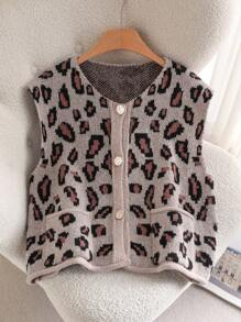 CosyJoli Chaleco de punto con bolsillo, cuello redondo y abotonadura sencilla con estampado de leopardo para mujer de talla grande en otoño/invierno - Camel - Ver 3