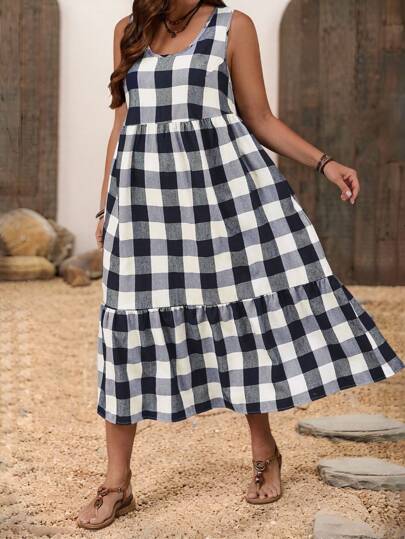 EMERY ROSE Plus Size Plaid Print Round Neck Ruffle Hem Sleeveless Dress, Simple And Fashion Style, Suitable For Summer,Casual Holiday Style, Casual Holiday Outfits, Summer Fashion, Women's Summer Outfits, Mother's Day Outfits, Country Concert Outfits, Women's Boho Outfits, Women's Western Outfits, Women's Holiday Outfits, Women Summer Clothing Women Plus Clothing Business Casual Woman S Summer Clothes Women Plus Clothing Formal