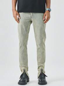 Chillumni 男士纯色休闲牛仔裤 - 中等水洗藍 - 查看 1