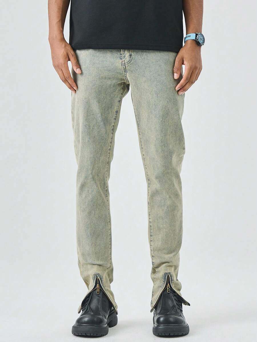 Chillumni 男士纯色休闲牛仔裤 - 中等水洗藍 - 查看 1