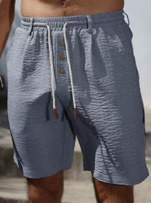 Manfinity RSRT Quần short nam mùa hè, màu trơn, kiểu dáng thường ngày, có dây rút và cúc cài, chất liệu vải lanh, thích hợp cho kỳ nghỉ. - Xám - Xem 4