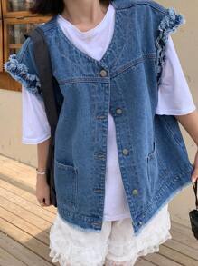 FRIFUL 女式夏季单排扣流苏口袋设计休闲牛仔衬衫 - 藍色 - 查看 7