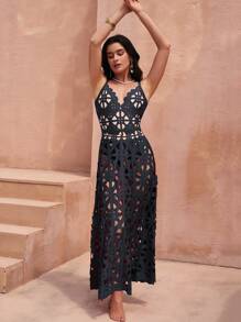 Swim Oasis 新款夏季女士黑色激光镂空露背性感连体泳衣裙套装，时尚泳池装 - 黑色 - 查看 3