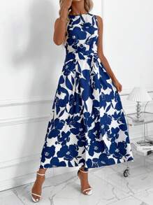 SHEIN Clasi 女式花卉印花无袖 A 字休闲纯色抽绳腰中长连衣裙