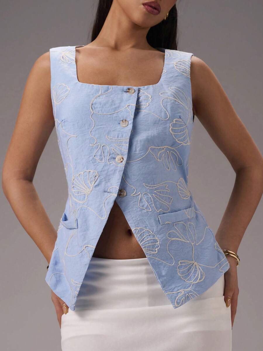 SHEIN Forever 21 Women Linen Striped Print Sleeveless Top, Simple Design For Vacation, Spring - Blue - View 1