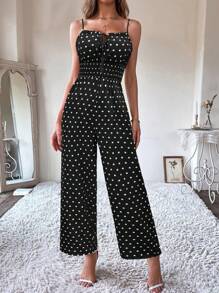 VaVaBold Polka Dot Print Tie-Knot Front Jumpsuit, Casual And Fashionable For Summer