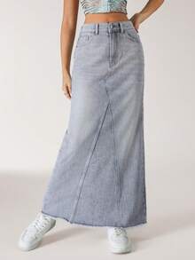 SHEIN EZwear 女式休闲日常洗水开口袋牛仔裙 - 藍色 - 查看 6