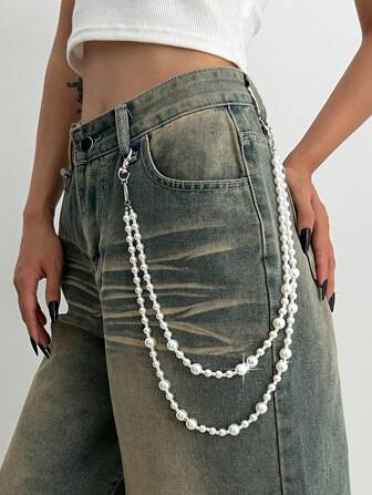Fairycore 1 pieza de Cadena de cintura de mujer con perla falsa vintage minimalista e irregular, incrustada con diamantes de imitación, encantadora cadena para pantalones adecuada para uso casual y festivales de música
