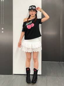 SHEIN 2pcs/Set Teen Girl Casual Simple Comfortable Oblique Shoulder T-Shirt With Ruffled Hem Skirt Set