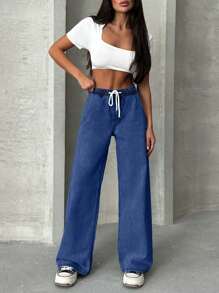 EURMUSE Casual Washed Drawstring Waist Straight Leg Jeans - Medium Wash - View 6