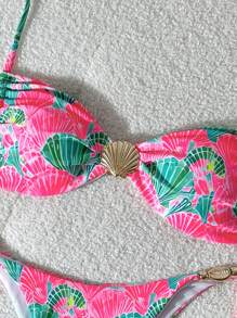 SHEIN Random Print Wireless Shell Decor Cami Top And Drawstring Side Swim Bottoms Women Summer Beach Holiday Tankini Bikini Set - Multicolor - View 4