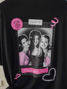 FRIENDS X SHEIN Elena Ilustra 女士圆领短袖T恤，夏季时尚 - 黑色 - 查看 8